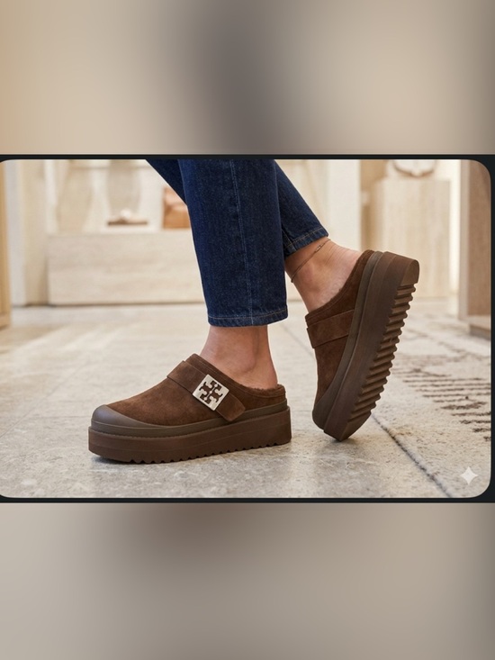 Tory Burch Other - Tory Burch Mellow Shearling Platform Mule Suede Dark Cocoa Size 9 NEW